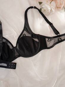 Comfortable Underwire Lace Patchwork Thin Underwear - Black - View 4