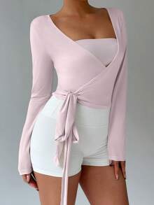 FavEase 粉色瑜伽健身运动高弹柔软裹身V领长袖短款紧身T恤，时尚简约休闲优雅百搭女装必备单品，春秋季 - 淺粉色 - 查看 6