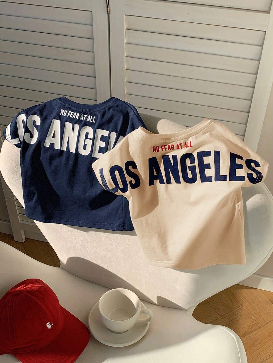 SHEIN 2 pièces/set T-shirt à manches courtes pour bébé garçon, mignon et polyvalent, tricot, graphique de grande lettre, couleur unie, style décontracté, été