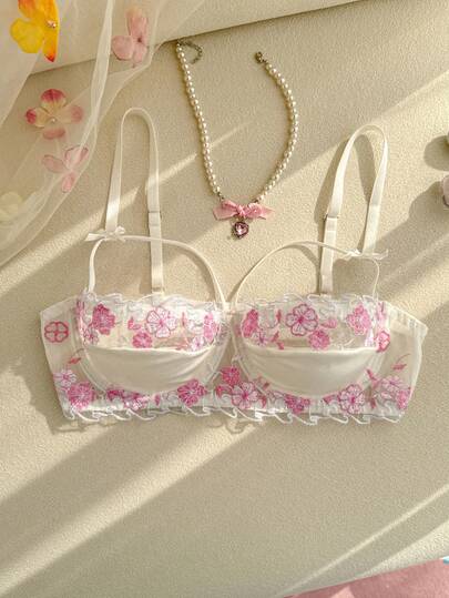 Romantic Embroidered Underwire Padded Lace Bralette For Women, Sexy Supportive Thin Fabric Swimsuit Lingerie