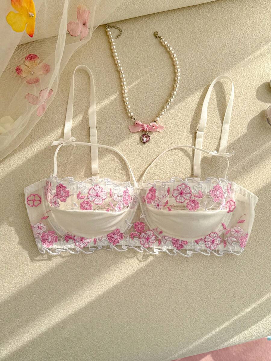 Romantic Embroidered Underwire Padded Lace Bralette For Women, Sexy Supportive Thin Fabric Swimsuit Lingerie - Multicolor - View 1