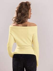 SHEIN BAE 1件女士优雅露肩纯色长袖扭结前襟毛衣 - 黃色 - 查看 2