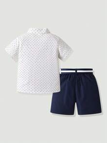 2件組小男孩紳士套裝，恐龍刺繡與波點印花短袖襯衫及短褲，夏季親子搭配，生日派對婚禮適用 - 白色 - 查看 2