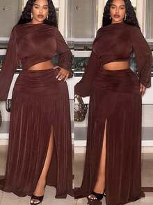 Veslaya Nouvelle robe élégante pour l'automne/l'hiver pour les occasions de fête élégantes, les sorties décontractées, les rendez-vous, les sorties entre amies, les anniversaires, les , les événements formels, les galas, les remises de diplômes et les mariages. Coupe slim, en tissu marron unicolore avec un patchwork irrégulier partiel, taille froncée, découpe latérale partielle, jupe longue évasée en tissu stretch brillant. Ensemble deux pièces grande taille, jupe longue plissée, ensemble jupe courbe, ensemble jupe longue plissée modeste. - Marron - Voir 6