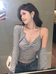DAZY Women's Solid Color Camisole & Cardigan 2 Pieces Set Spring Lounge Sets For Women - Grey - View 10