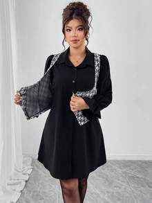 Elenzga 加大码连衣裙两件套背心拼接衬衫裙，黑白千鸟格图案，优雅女友风，适合派对、休闲穿着，新年、圣诞节、家庭聚会等场合皆宜。长袖衬衫领加大码黑白连衣裙 - 彩色 - 查看 4