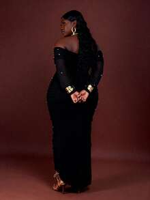 CurvyTilda Váy maxi dài dự tiệc lãng mạn hở vai đính ngọc trai thanh lịch cỡ lớn cho nữ, ngày lễ tình nhân - màu đen - Xem 2