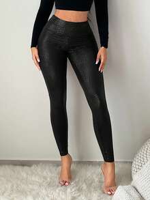 SHEIN SXY 黑色动物纹高腰紧身裤 - 黑色 - 查看 1