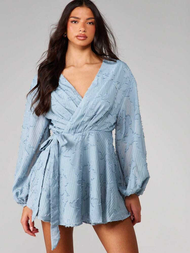 MISSGUIDED Textured Jacquard Wrap Mini Dress With Balloon Sleeves