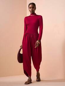 Zivah Elegant Burgundy Autumn Dining Jumpsuit,Slim Fit Stand Collar Front Cutout Long Sleeve Waist Cinching Lantern Pants,Western Bohemian Party Wedding - Burgundy - View 5