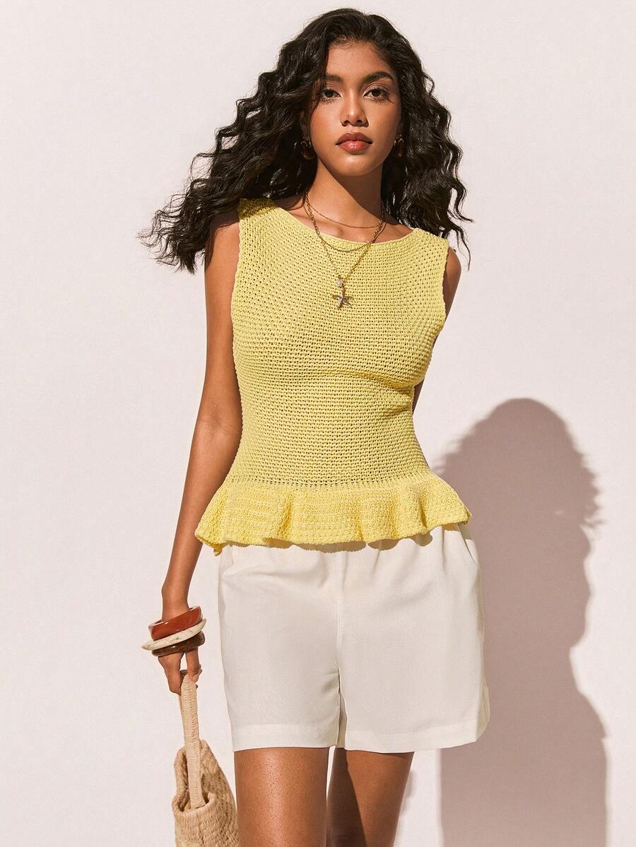 Poéselle Nowy letni, dopasowany, krótki, stylowy, prosty, żółty, falbaniasty top bez rękawów z dzianiny dla kobiet, na wakacje, na plażę, na lato, na wiosnę/lato