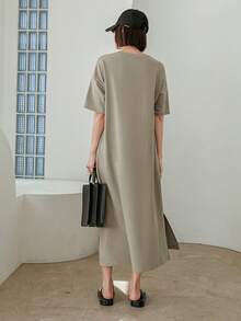 Dazy-Less Ladies" Summer Round Neck Drop Shoulder Short Sleeve Loose Solid Color Casual Dress Sundress Business Casual Women Maxi Dress - Grey - View 5