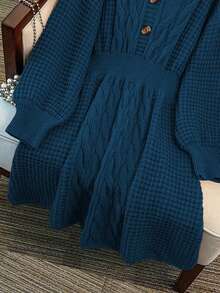 GlowEve CURVE Plus Size V-Neck Lantern Sleeve A-Line Thick Drawstring Knitted Sweater Dress, Solid Color, Winter - Royal Blue - View 5
