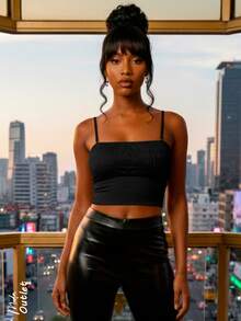 Top corto tipo bandeau para mujer, clásico y casual. Hombros y espalda descubierta. Apto para temporadas de verano y primavera. Diseño ajustado con tirantes finos ajustables y removibles, relleno ligero removible. Muy fresco y cómodo, ideal para el uso diario. - Negro - Ver 1