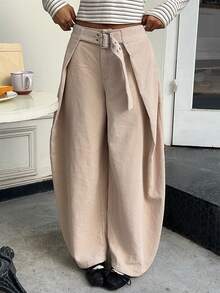 SHEIN EZwear 女士秋冬简约米色灯芯绒宽松阔腿裤，外出，新年 - 杏色 - 查看 5