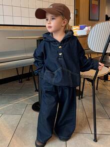 DAZY 两件套少女休闲宽松牛仔上衣和直筒裤套装，秋冬季 - 藍色 - 查看 7