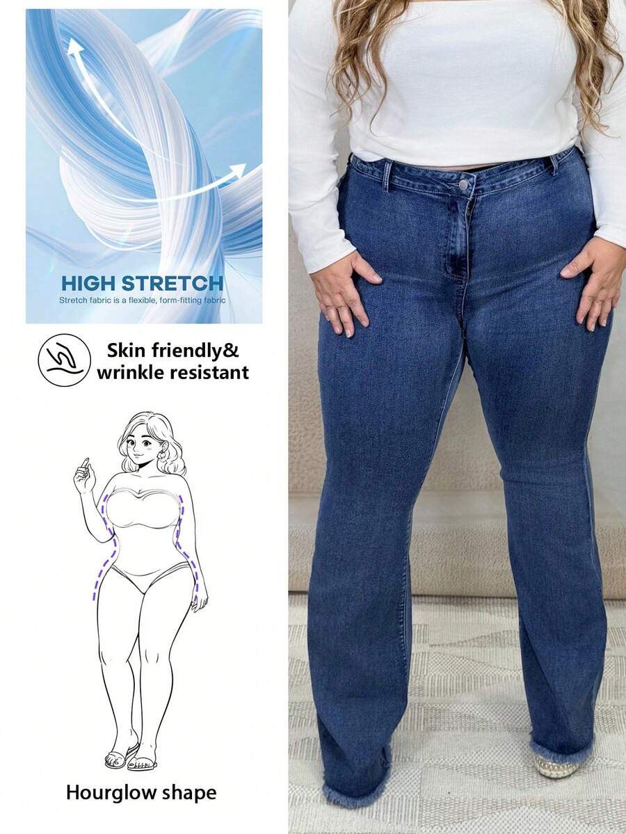 Hourglow Große Größen Jeans mit Knopfleiste und ausgestelltem Schnitt, lässiger Alltags-Tragekomfort - Dunkle Waschung - Übersicht 1