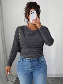 Elenzga Áo dài tay ôm dáng dáng dài, cổ xếp ly bất đối xứng, chất liệu vải dệt họa tiết, viền bèo nhún, dành cho nữ, cỡ lớn hiệu RosyDaze. - Màu xám đen - Xem 7