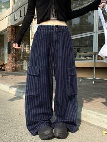 DAZY Quần jeans nữ ống rộng dáng thể thao Hàn Quốc kẻ sọc, túi hộp, phong cách đường phố. - Màu xanh lam - Xem 3