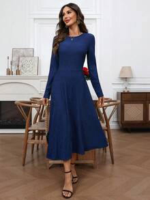 EMERY ROSE 女士休闲条纹圆领长袖冬季连衣裙 - 藏蓝色 - 查看 7