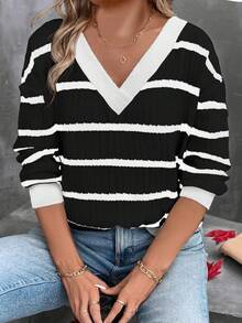 EMERY ROSE Plus Size Women's Fuzzy Ribbed V-Neck Long Sleeve T-Shirt, Autumn/Winter Best Seller - Multicolor - View 3