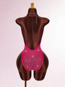 Amplova Rhinestone Glitter Backless Sheer Sexy Bodysuit For Party - Hot Pink - View 2