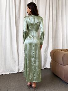 Aloruh 优雅通勤茶会休闲绿色提花长袖连衣裙，V领春季连衣裙 - 綠色 - 查看 3