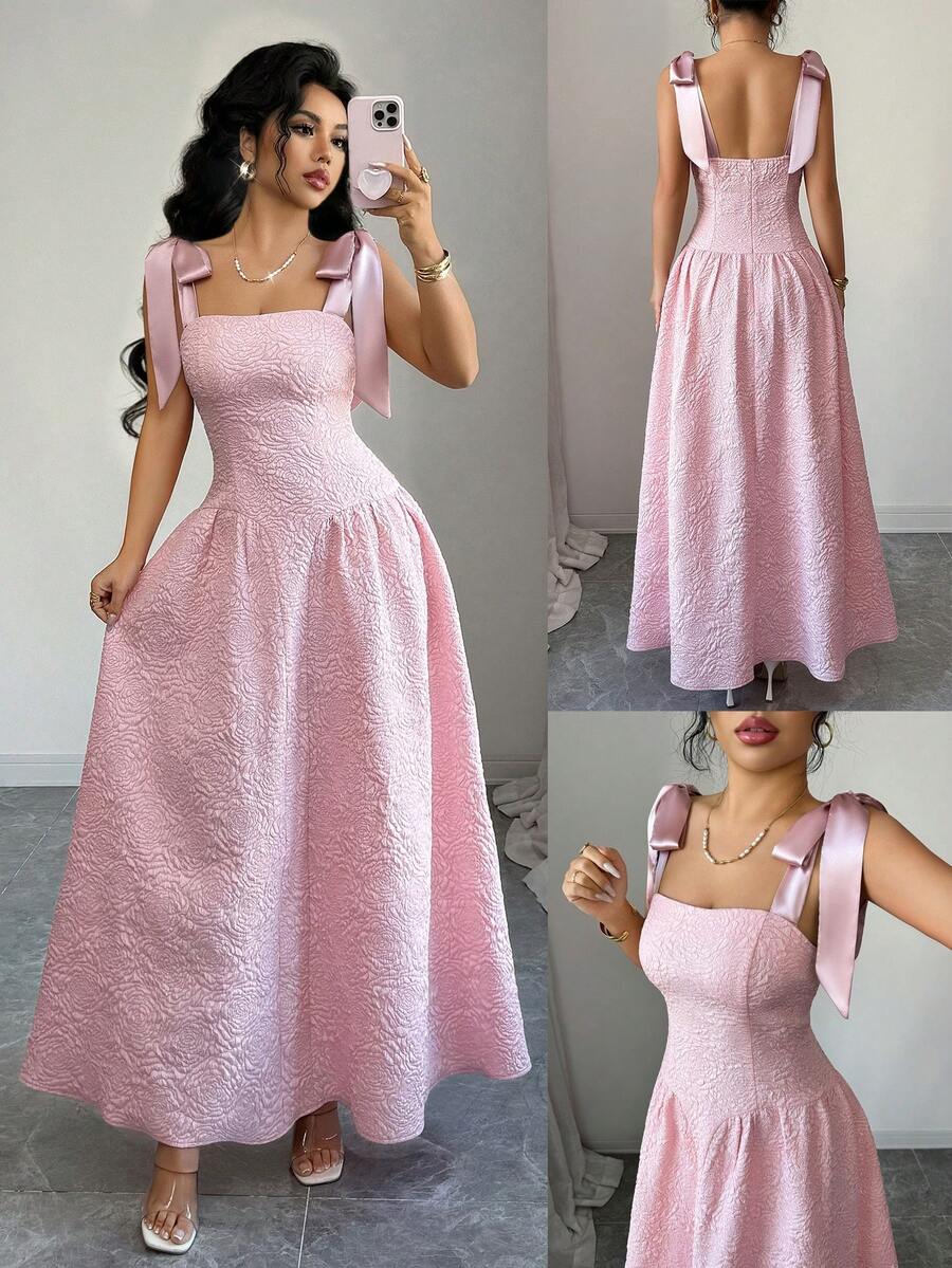 Elenzga 女士粉色仿丝系带拼接提花面料设计A字中长连衣裙，优雅精致，适合生日、约会、派对、正式场合、鸡尾酒会、音乐节、情人节、复活节、劳动节、返校派对、单身派对等各种场合，是春夏新款时尚必备单品。 - 粉色 - 查看 1
