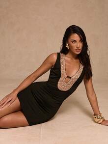 Glamine 亮片优雅复古浪漫百搭时尚连衣裙，适合音乐节、秋季和返校季穿着。 - 黑色 - 查看 4