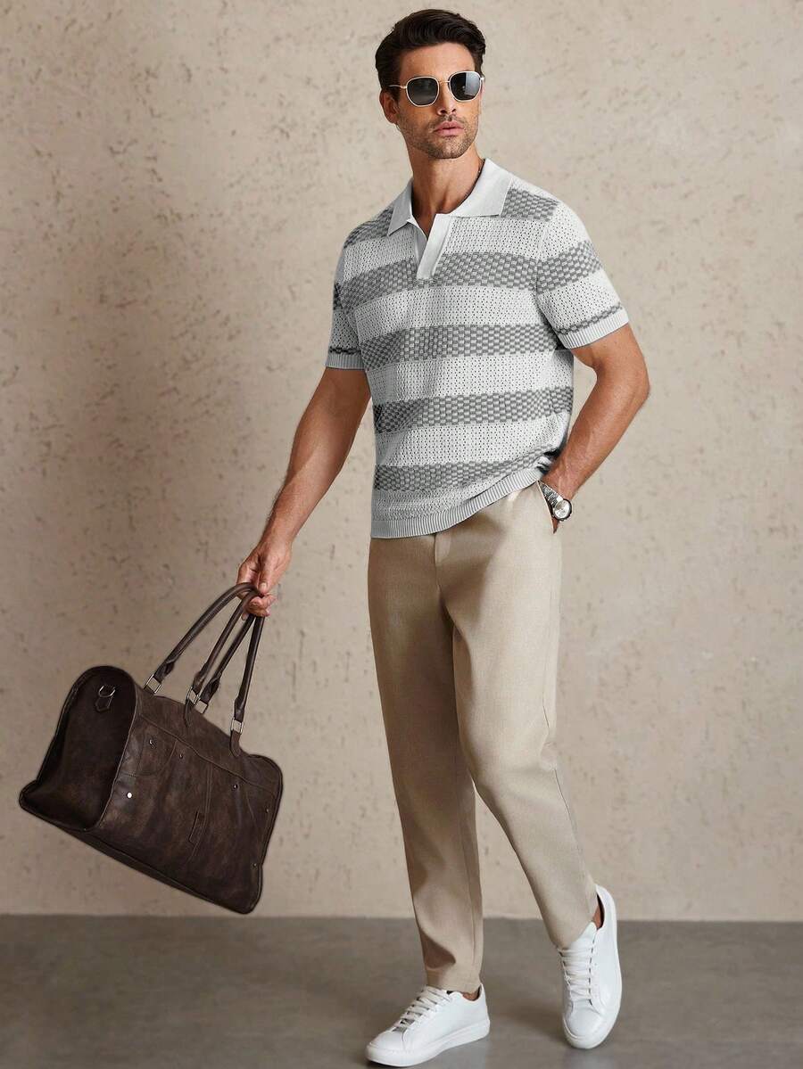 Manfinity CityGents Top tricoté à manches courtes avec rayures contrastées pour hommes - Multicolore - Voir 1