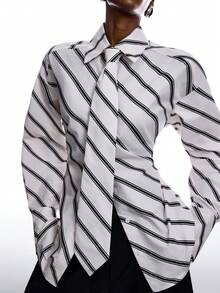 LYSMO 2025 New Arrival Minimalist Fall/Winter Women's Ultra-Wide Paded Shoulder Tie-Collar Long Sleeve Waist-Tie Shirt, Suitable For Everyday Wear, Daily Commute, Office, Siren Style, Urban Fashion Fashion Commuter Striped Tie-Waist Shirt/ Winter/Christmas/New Year /Thanksgiving - Black and White - View 6