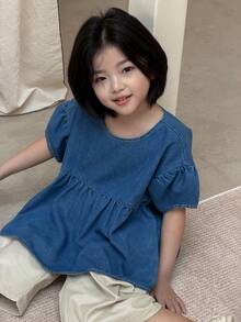 DAZY Young Girls Round Neck Casual Ruffle Hem Washed Loose Short Sleeve Denim