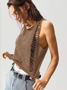 Bohemela Solid Color Knit Cropped Camisole For Women - Brown - View 3