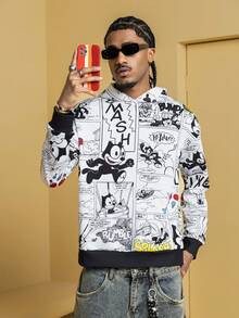 Felix The Cat X SHEIN Men's Casual Pop Art Print Loose Fit Drop Shoulder Hooded Sweatshirt, Fashionable Street Style For Daily Commute, Spring/Autumn - White - View 5