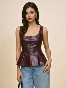 Poéselle Women's Faux Leather Peplum Corset Top,Red Wine Square Neck Bustier Tank,Autumn Chic Night Out Party Vegan Leather Waist Cinched Sleeveless Blouse - Burgundy - View 7