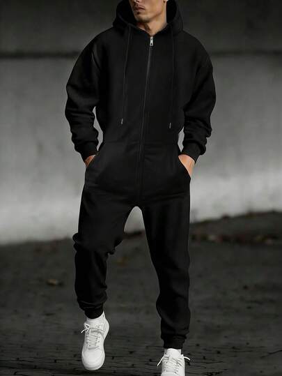 Manfinity Homme Herrjumpsuit med dragkedja och dragsko, enfärgad, vardagsstil, vår/höst