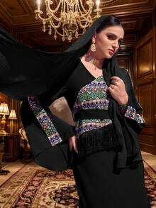 Al Najma 女士几何印花V领长袖拼接流苏优雅阿拉伯连衣裙 - 黑色 - 查看 10