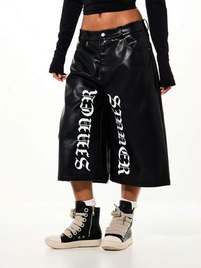 SUMWON WOMEN Faux Leather Wide Leg Longline Culottes With Gothic Typography Print Grunge Style Statement Shorts