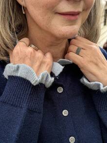 Vivie Lora Women's Contrast Color Frill Trim Single-Breasted Casual Outdoor Long Sleeve Knit Cardigan, Autumn/Winter - Navy Blue - View 2