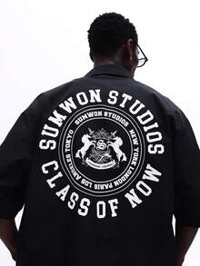 SUMWON 男士休闲短袖纽扣衬衫，背面印有大图案，适合夏季街头风格 - 黑色 - 查看 1