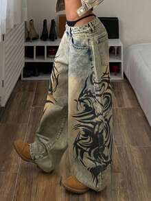 StreetHx Fashionable Casual Street Style Retro Print Wide Leg Jeans - Medium Wash - View 3