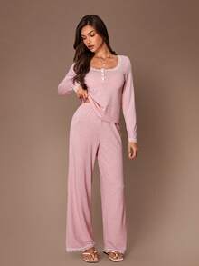 Lazeform Women's Lace Trim Square Neck Knit Long Sleeve Pajama Set - Pink - View 1