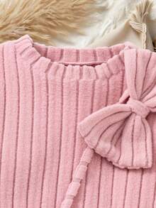 SHEIN 少女立领长袖罗纹蝴蝶印花连衣裙 - 淺粉色 - 查看 4