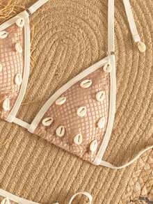 Swim SXY 2pcs/Set New Mesh Fabric Bikini Set With Multiple Shell Decorations, Halter Neck, Sexy & Elegant, Suitable For Beach, Pool, Party, Christmas, Women's Swimwear - Khaki - View 8