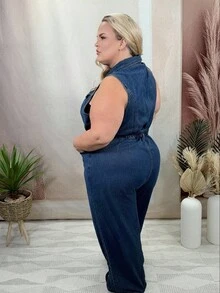 Hourglow Dollyholly86 Plus Size Casual Washed Sleeveless Wide Leg Denim Jumpsuit, For Hourglass Body Shape - Blue - View 2