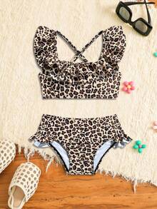 Girls Swimsuit, Toddler Leopard Print Tankini With Shorts, Conservative Swimwear, Cute Style Summer Vacation Thermal Christmas Holiday Festival New Years Valentines Swim Young Girl Two Piece Swimwear Girls Cheetah Print Bathing Suit Two Piece Swimsuit Girls With Ruffles  Girls Leopard Swimsuit Cheetah Print Bathing Suit Girls Kids Two Piece Beachwear Girl 2 Pieces Ruffled Swimwear Set Girls Leopard Print Bikini Girls 2 Pieces Ruffled Bikini Girls Rufled Animal Print Swimsuit - Coffee Brown - View 3