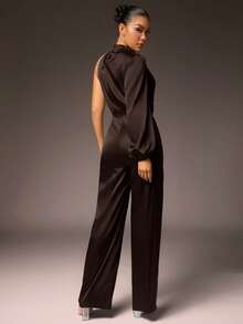 Hauture Women Elegant Solid One Sleeve Drape Jumpsuit - Brown - View 5
