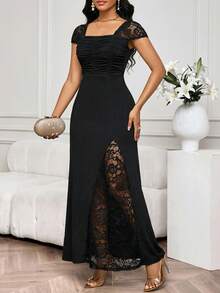SHEIN Lady Váy dự tiệc ren chắp vá thanh lịch dành cho nữ - màu đen - Xem 4