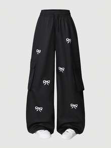 少女蝴蝶印花黑色阔腿工装裤