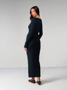 MISSGUIDED Đầm maxi dài tay ôm sát kẻ sọc ngang, thích hợp mặc mùa đông thu, kiểu dáng thường ngày, thanh lịch, dài đến mắt cá chân, cổ tròn, chất liệu dệt kim gân. - Nhiều màu - Xem 2